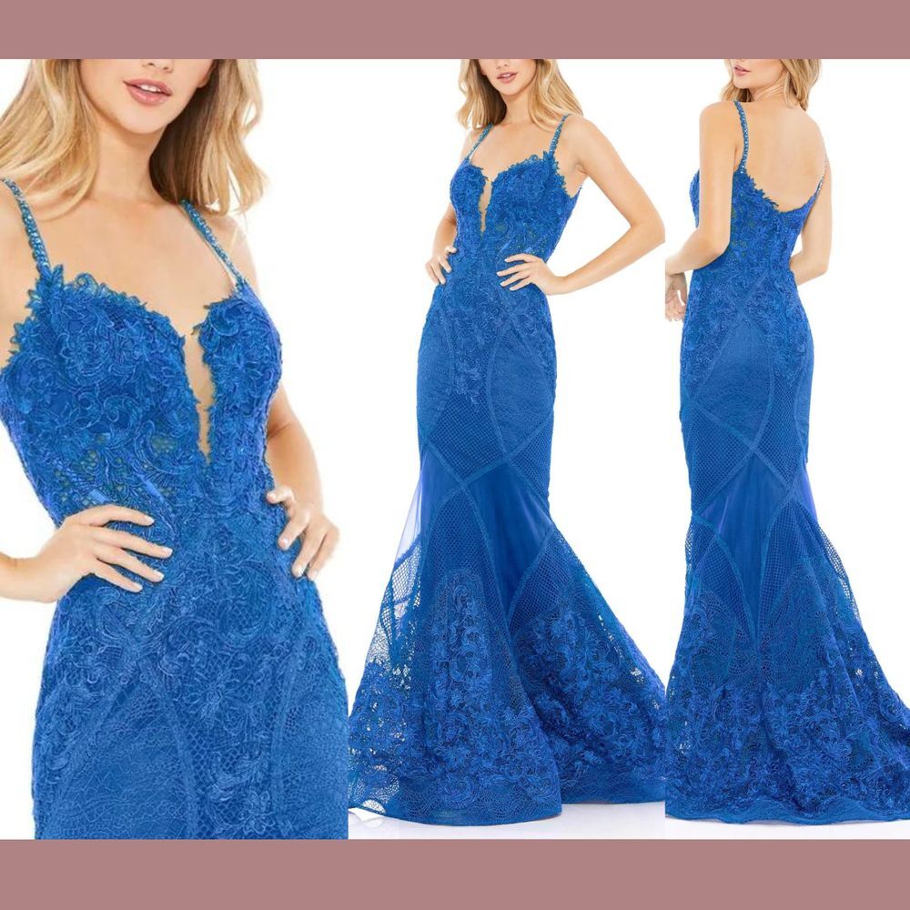 NEW Mac Duggal [ 8 ] 79082 Embroidered Plunge V‎ Neck Trumpet Gown Royal Blue